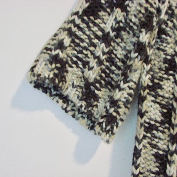 Chunky Knit Wool Cardigan Sweater 3/4 Sleeve Black Cream Gray Size Large - Picture 9 of 15